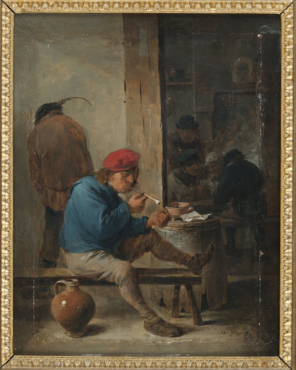 Scene de taverne avec fumeurs - Tavern Scene with Smokers, by Teniers, David, the Younger (1610-1690). Oil on wood. Dimension : 23,9x19 cm. Nationalmuseum Stockholm 作者 大卫·特尼尔斯（David Teniers）