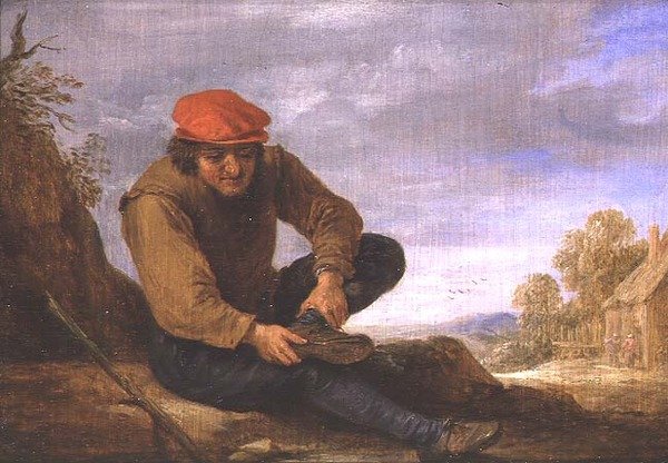 坐着的男人脱鞋（面板） 作者 大卫·特尼尔斯（David Teniers）