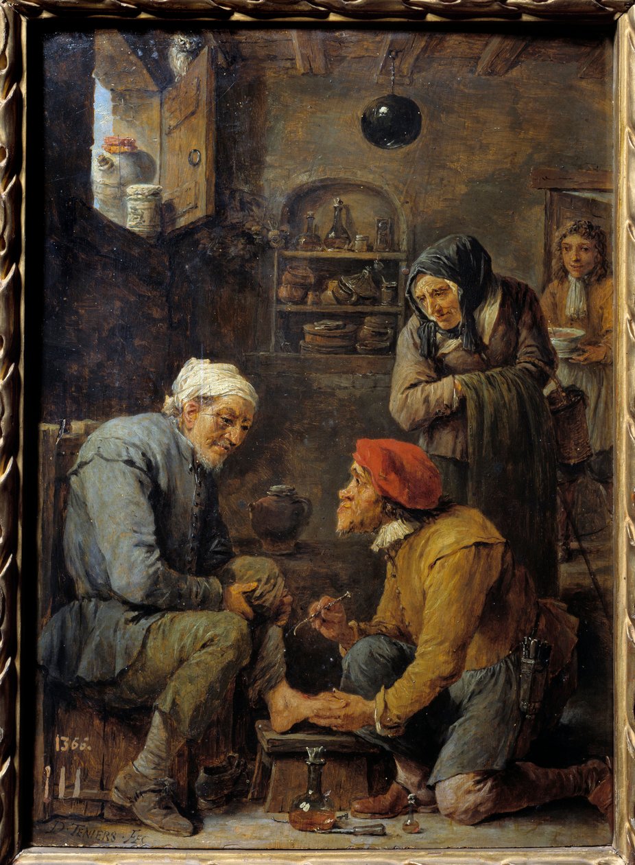 手术 一名男子被捕，要打开病人的脚。 David Teniers II the Young (1610-1690) 17 世纪的绘画。 0,33x0,25 m 马德里，普拉多博物馆 作者 大卫·特尼尔斯（David Teniers）
