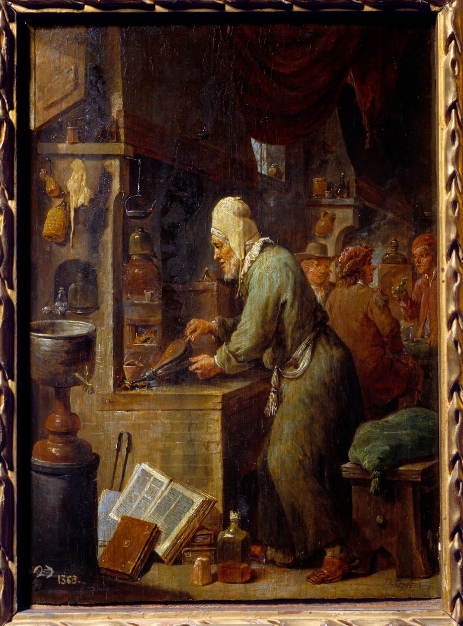 炼金术士。 David Teniers II The Young (1610-1690) Ec. 的绘画 火焰 作者 大卫·特尼尔斯（David Teniers）