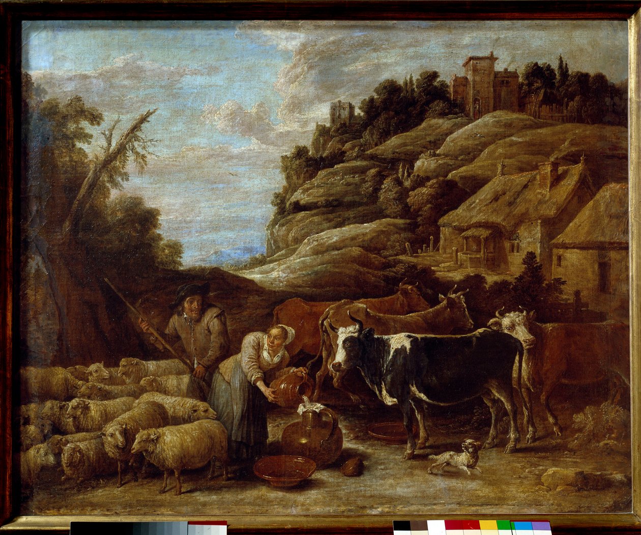 挤奶的牛群。David II Teniers The Young (1610-1690)的画作，Ec.Flam. 作者 大卫·特尼尔斯（David Teniers）