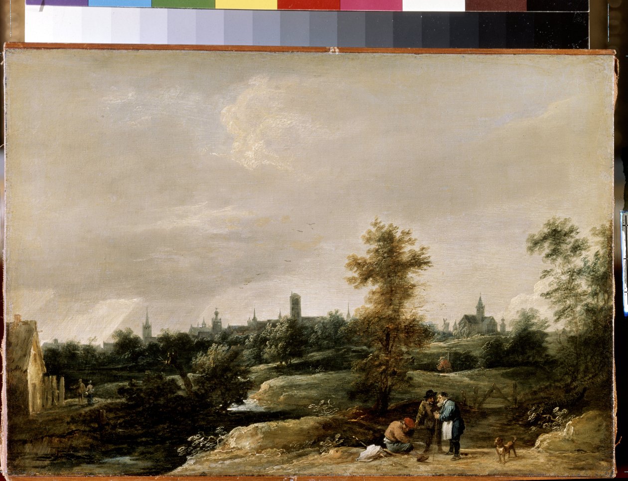 布鲁塞尔附近的景色。小大卫-特尼尔（David Teniers the Younger，1610- 1690 年）的画作。木板油画，26.7 x 38 厘米。 佛兰德艺术，巴洛克艺术。圣彼得堡冬宫博物馆。 作者 大卫·特尼尔斯（David Teniers）