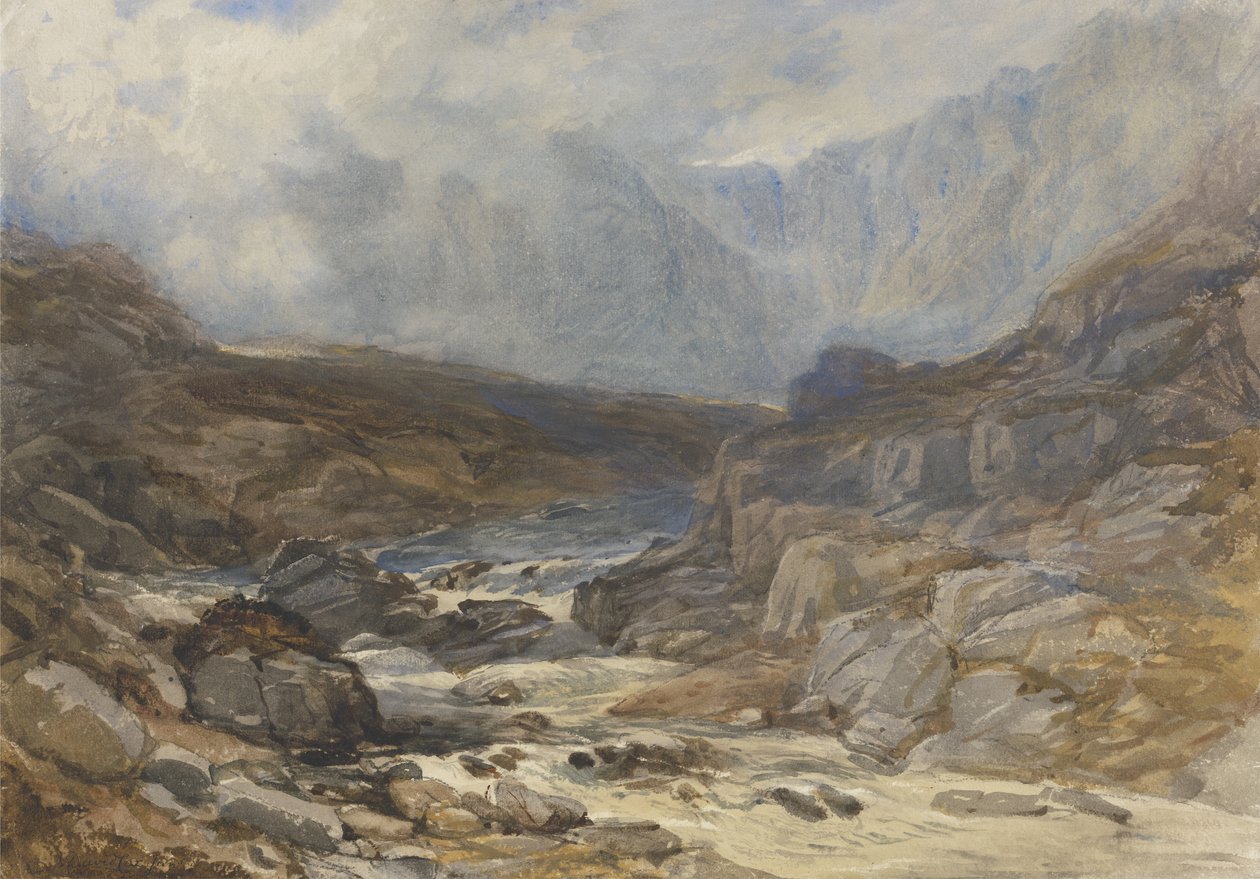 威尔士山景与滔滔河水（纸本水彩、体彩和黑色粉笔画） 作者 小大卫考克斯