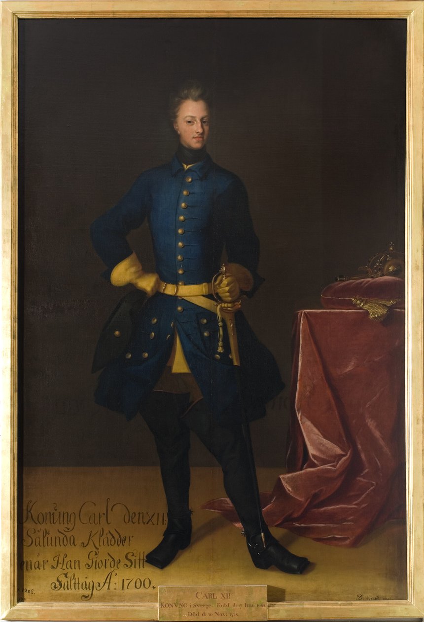 Charles XII, roi de Suede - 瑞典国王查理十二 (1682-1718) 的肖像，作者：克拉夫特、大卫、冯 (1655-1724)。 布面油画。 尺寸：249x165 厘米。 斯德哥尔摩国家博物馆 作者 戴维·冯·克拉夫特