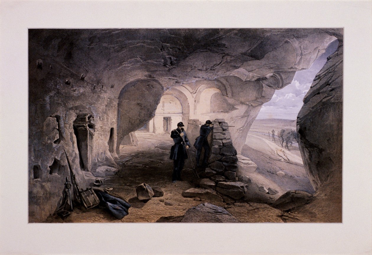 Inkermann岩洞中被挖掘的教堂向西看》，克里米亚，乌克兰，1855年 作者 戴和儿子