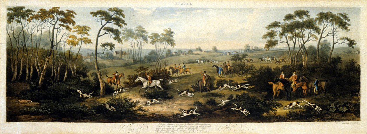 Foxhunting，图版 1，由 Thomas Sutherland (1785-1838) 雕刻，1817 年（彩色石版画） 作者 老院长（后）沃尔斯滕霍尔姆