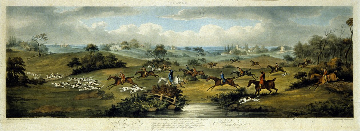 猎狐，图版2，由托马斯-萨瑟兰（1785-1838）1817年雕刻（彩色平印）。 作者 老院长（后）沃尔斯滕霍尔姆