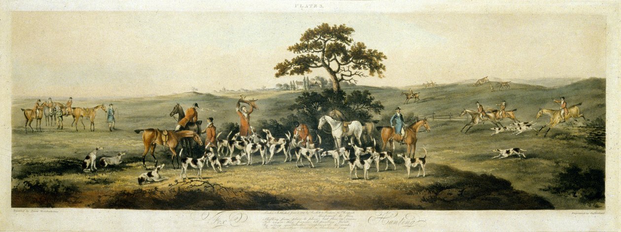 猎狐，图版3，由托马斯-萨瑟兰（1785-1838）1817年雕刻（彩色平印）。 作者 老院长（后）沃尔斯滕霍尔姆