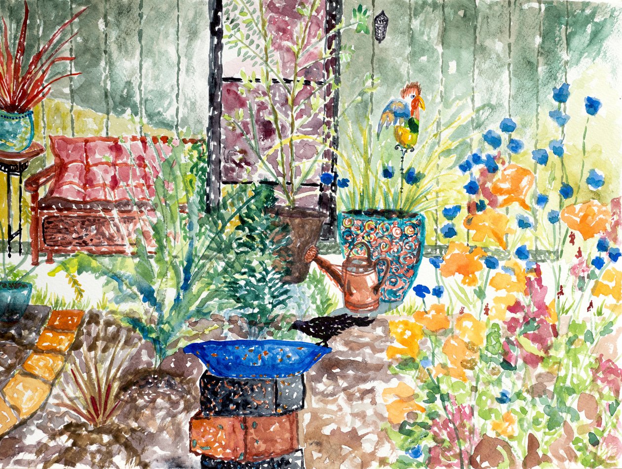 乌鸦的花园，2024 年（水彩画） 作者 黛博拉·伊芙·阿拉斯特拉