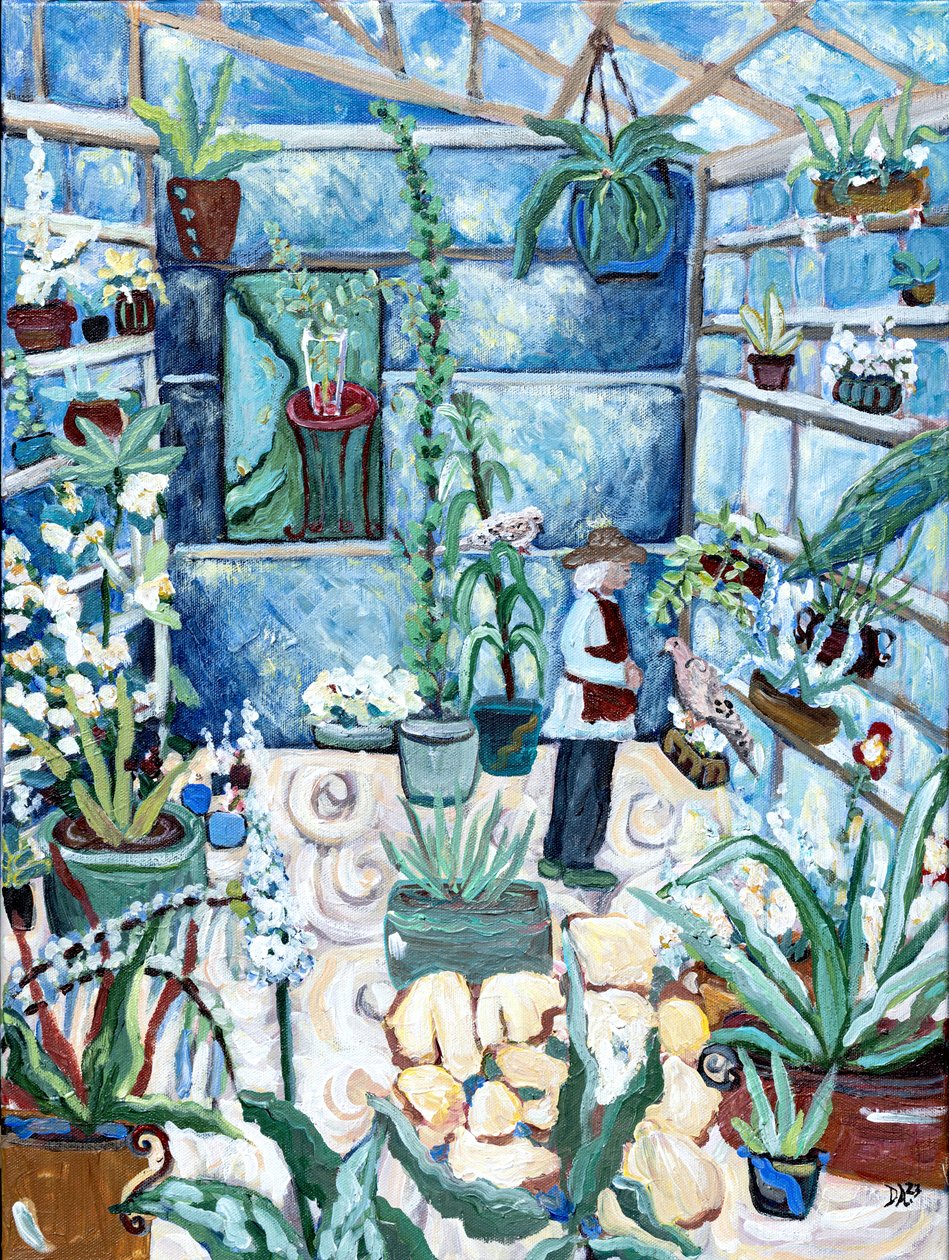 在绿房子里，2023 年（丙烯酸/中型画布） 作者 黛博拉·伊芙·阿拉斯特拉