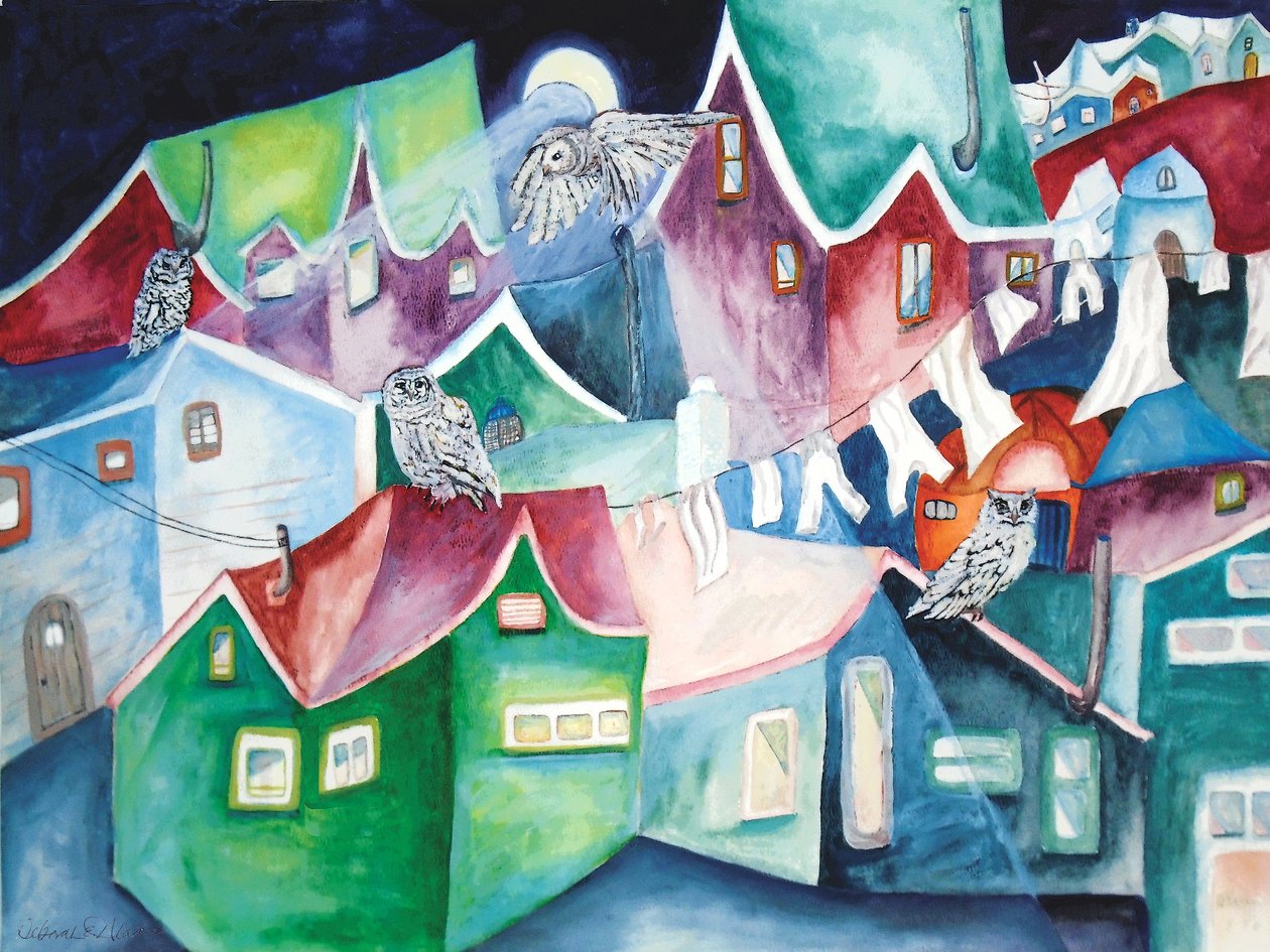 夜猫子，2015（水彩画） 作者 黛博拉·伊芙·阿拉斯特拉