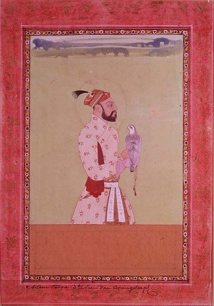 IS227-1950 Azam Shahr，Aurangzeb皇帝的第三个儿子，持有一只猎鹰，Golconda，c.1680（带花边的水粉） 作者 德卡尼学校