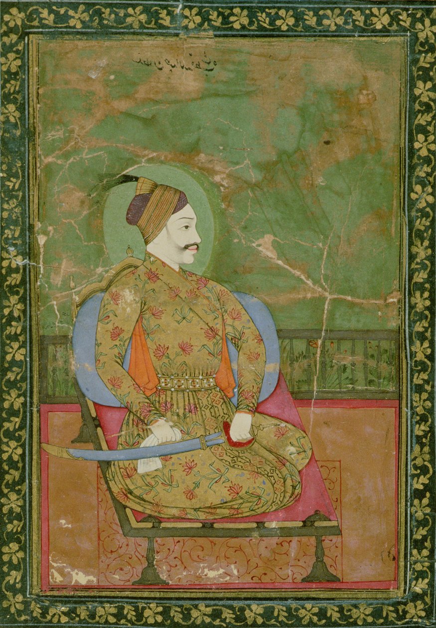 58.2025A Sultan Abdullah的画像Qutb Shah坐着，1670年，Golconda，（纸上带有金色和花卉金色图案边框的水粉） 作者 德卡尼学校