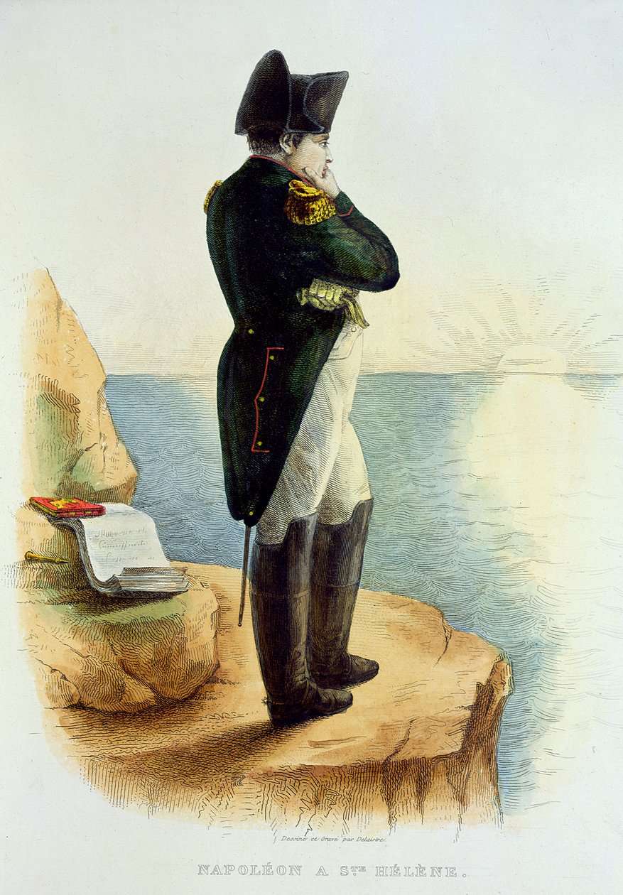 拿破仑在圣赫勒拿岛上，插图来自法国普鲁塔克由E. Mennechet，由Delaistre雕刻，1835年 作者 德拉斯特雷