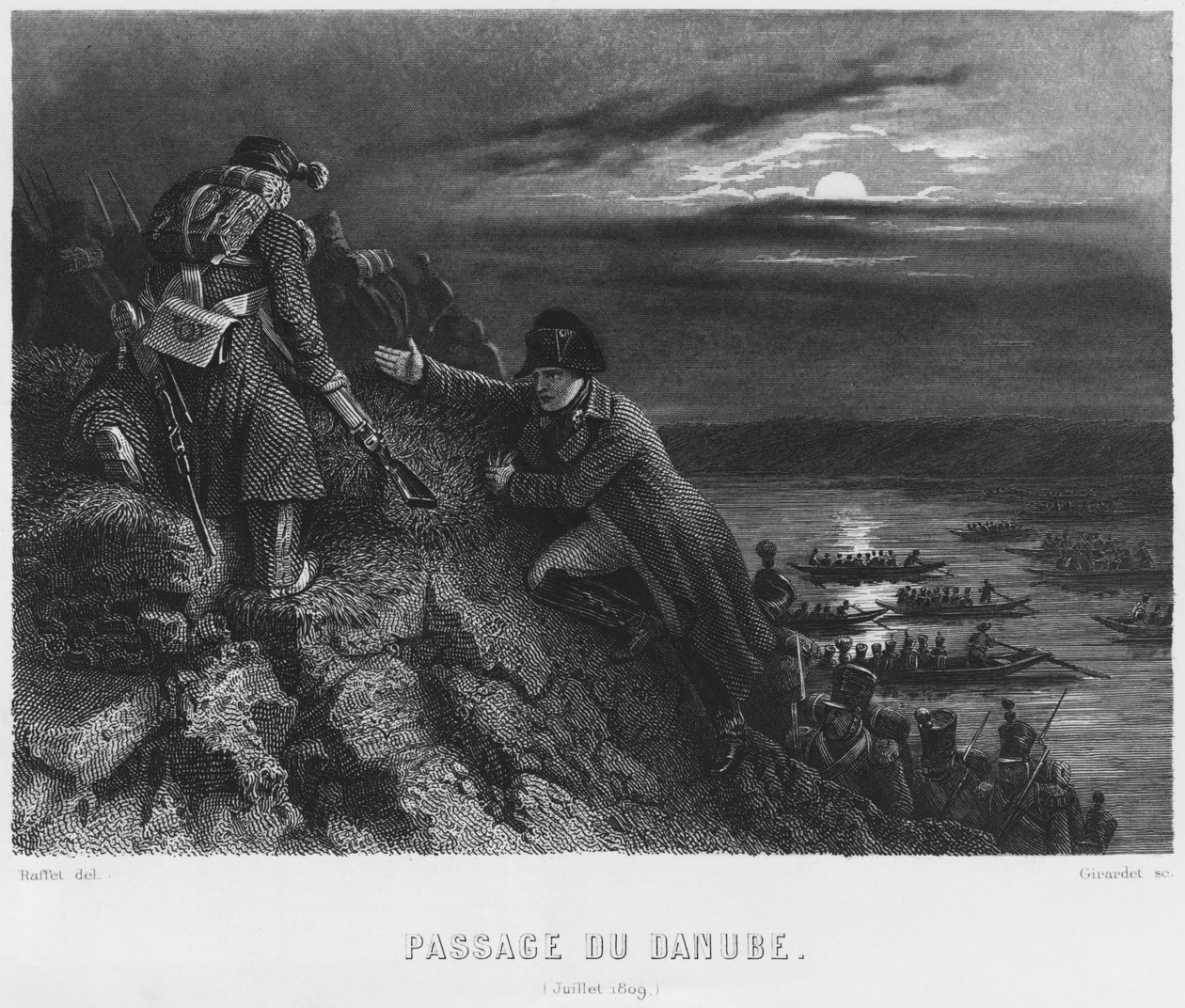 Napoleon I Bonaparte（1769-1821）在1809年7月4日夜间穿越多瑙河，由Abraham Girardet（1764-1823）雕刻 作者 丹尼斯·奥古斯特·玛丽·拉夫特