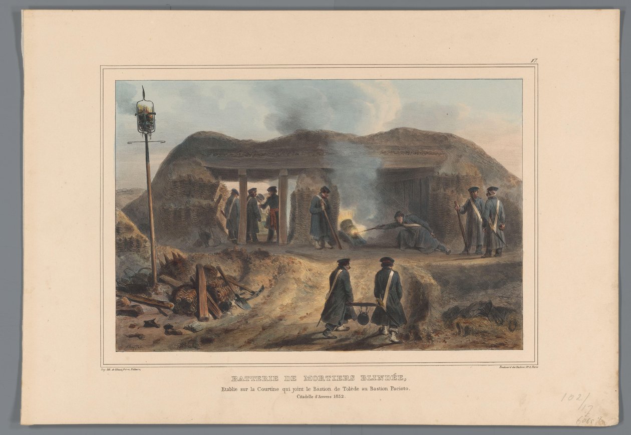 迫击炮，1832 年
装甲迫击炮炮台，建在连接托莱多堡垒和帕西奥托堡垒的 Courtine 上（标题见实物）
Dessins faits d