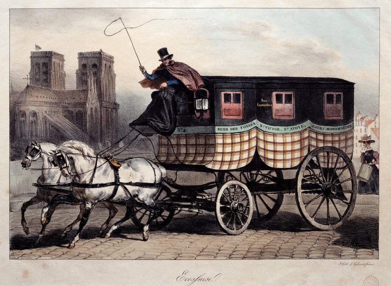 巴黎交通：丹尼斯·奥古斯特·拉菲 (Denis Auguste Raffet，1804-1860) 被称为“苏格兰”石版画的综合车 19 世纪巴黎，卡纳瓦莱博物馆 作者 丹尼斯·奥古斯特·玛丽·拉夫特