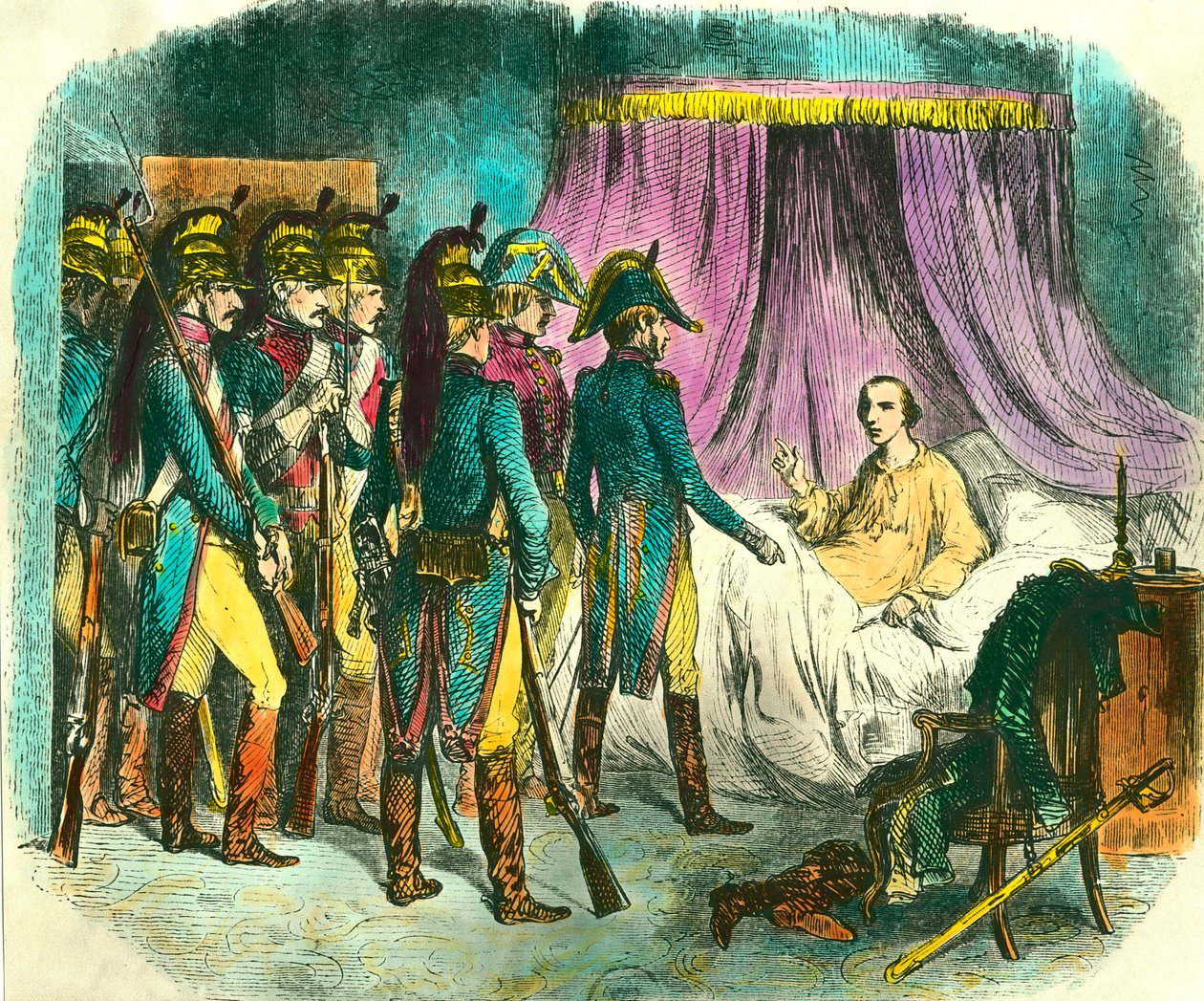 The arrest of Louis Antoine Henri de Bourbon, Duke of Enghien (1772-1804), suspects without proof of having plotted against the First Consul Napoleon Bonaparte. Engraving by Denis Auguste Raffet (1804-1860) 19th century. Private collection 作者 丹尼斯·奥古斯特·玛丽·拉夫特