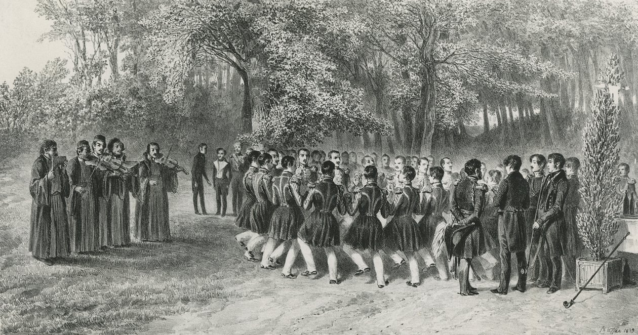 Wallachian Round，由Tsiganes演奏并由第二军团音乐家在Prince Ghika，Ghospodar，Wallachia，1839年的家中跳舞 作者 丹尼斯·奥古斯特·玛丽·拉夫特