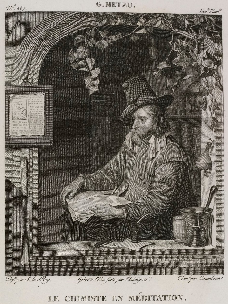 Denis-Sébastien Leroy、Chataigner 和 Dambrun - 沉思中的化学家，取材于 Gabriel Metsu - 1802-1815 年 作者 丹尼斯·塞巴斯蒂安·勒罗伊