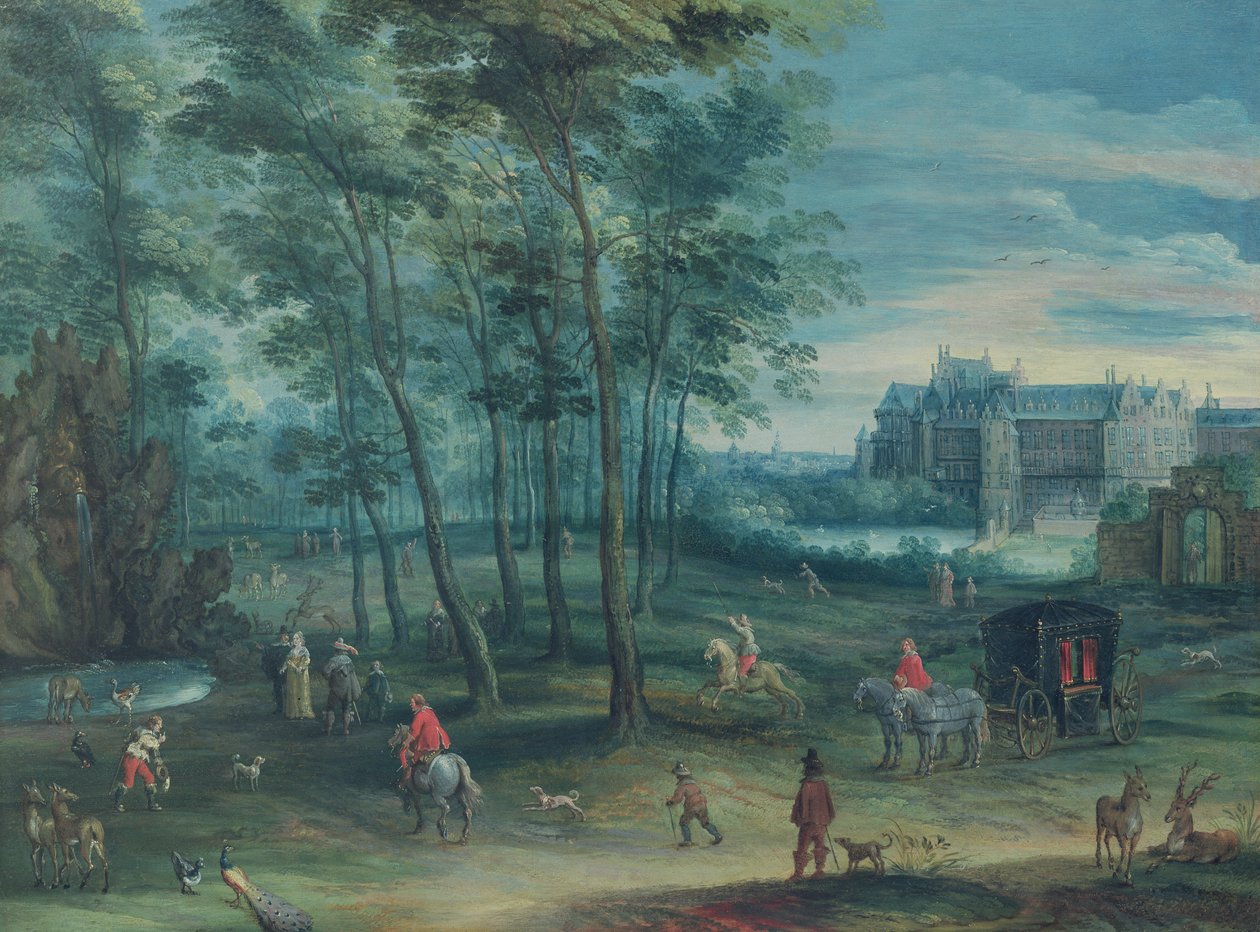 布鲁塞尔Viceregal宫的公园，有喷泉的优雅公司，c.1600（铜上油） 作者 丹尼斯·范·阿尔斯洛特