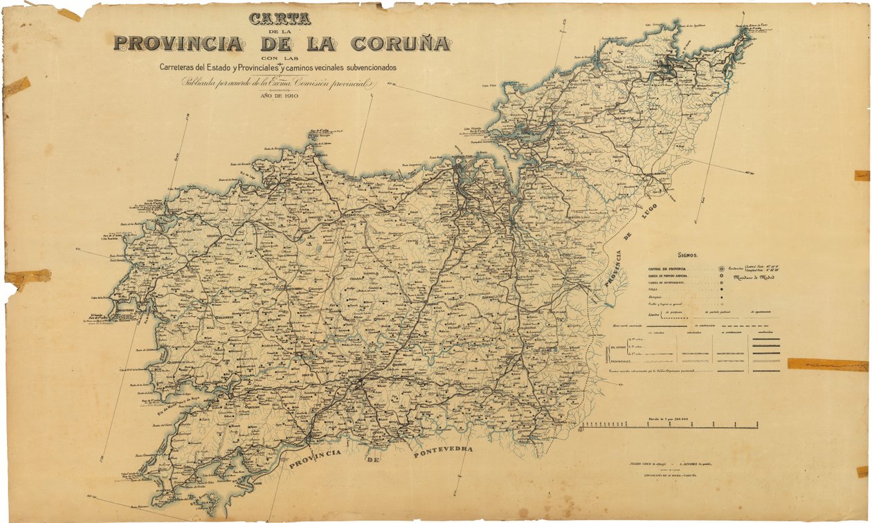 Carta da provincia da Coruña coas estradas do Estado e Provinciais e camiños veciñais subvencionados.经省委员会同意出版。 作者 达科鲁尼亚代表团