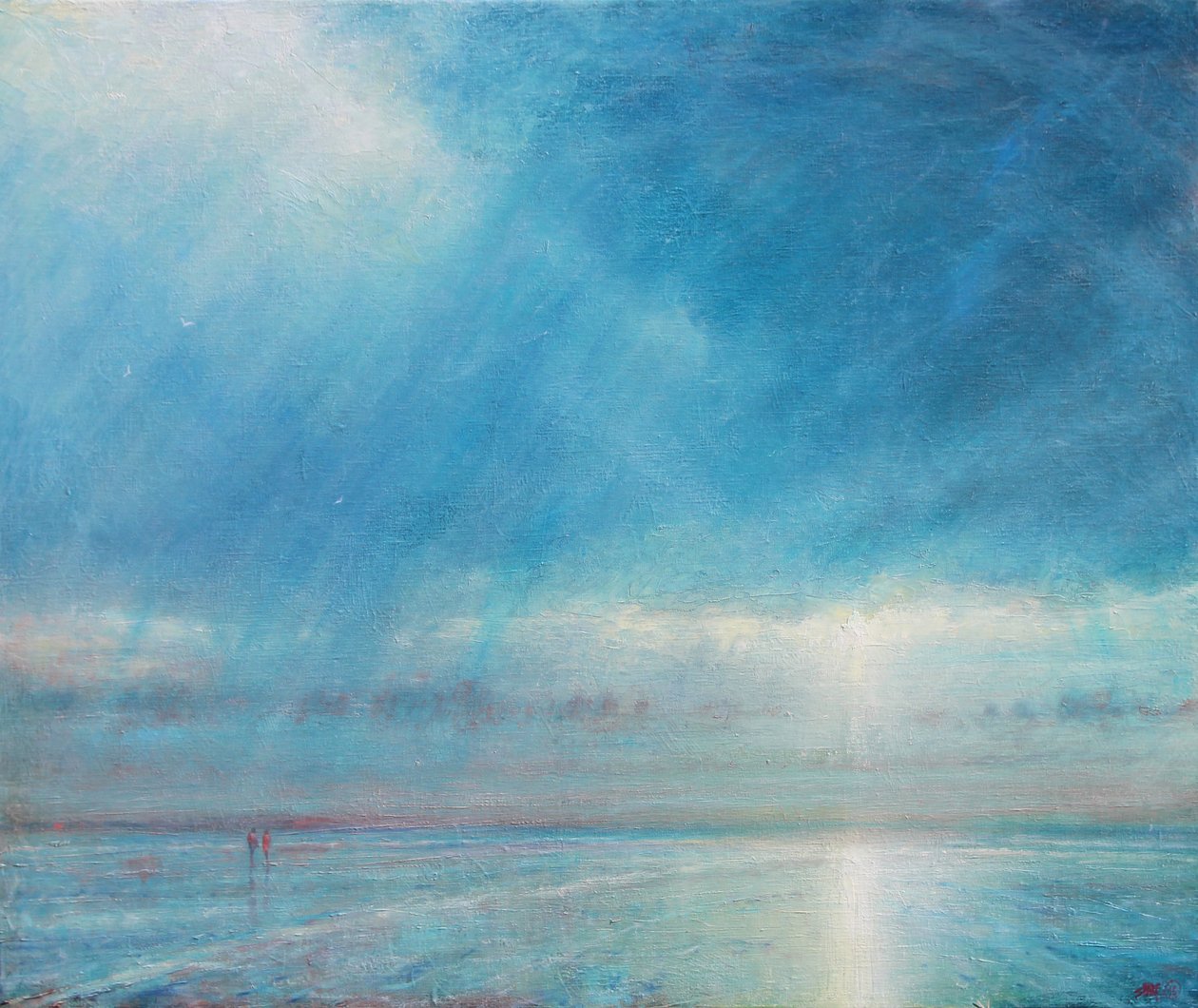 霍尔克姆海滩上的暴雨，2018（布面油画） 作者 德里克·哈尔