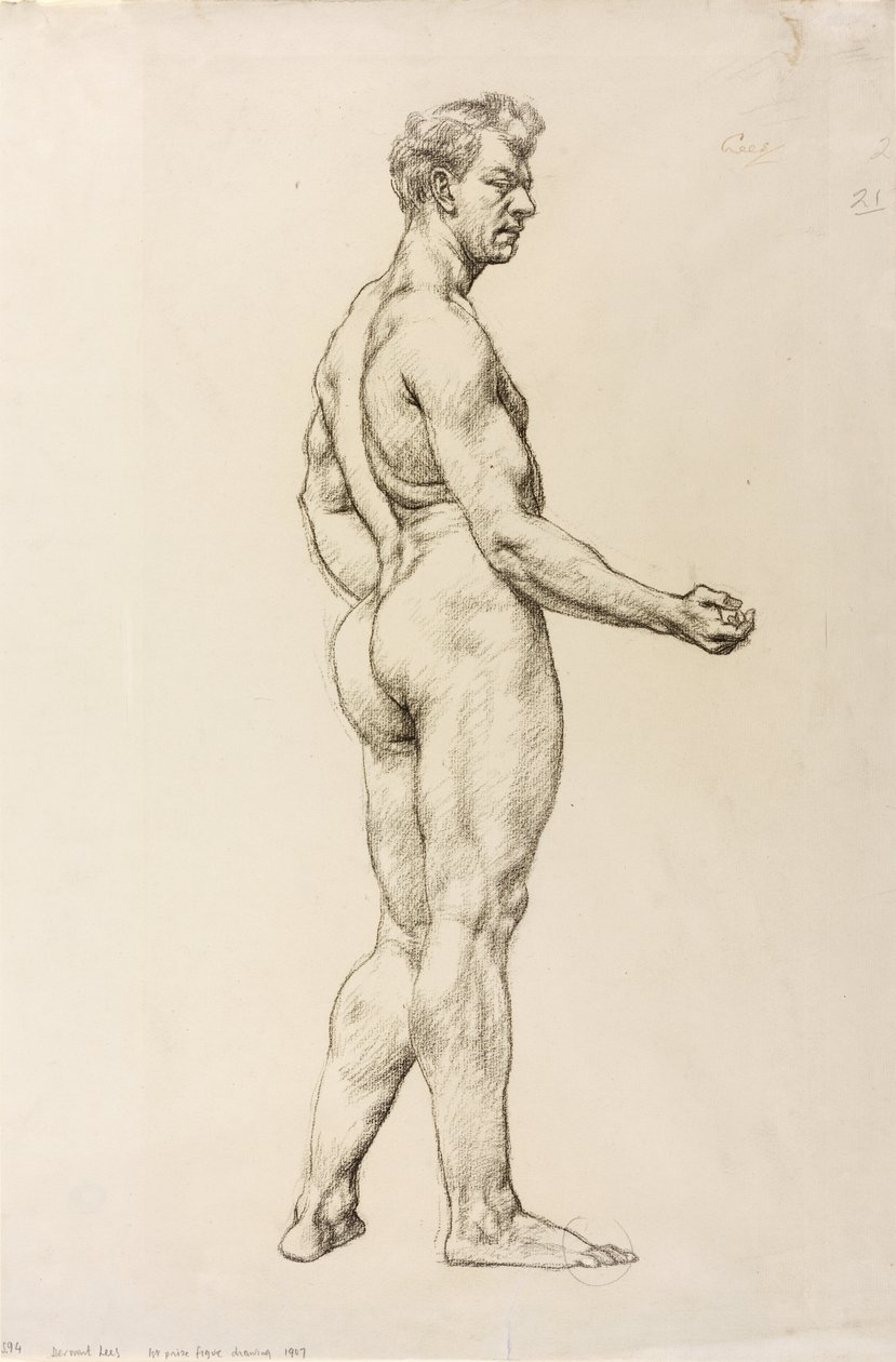 男性人物研究》，约 1906-07 年（纸上黑色粉笔画） 作者 德文特·李斯