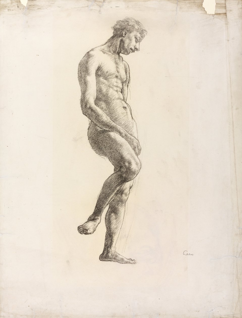 站立的男性裸体，约 1906-08 年（纸上黑色粉笔画） 作者 德文特·李斯