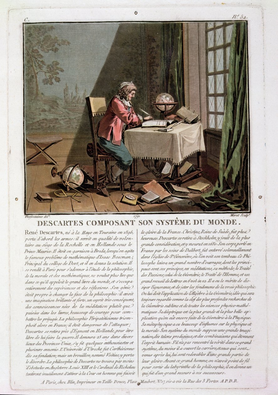 Rene Descartes（1596-1650）写作他的世界体系，由Jean Baptiste Moret（1790-1820）雕刻，1791年 作者 Desfontaines