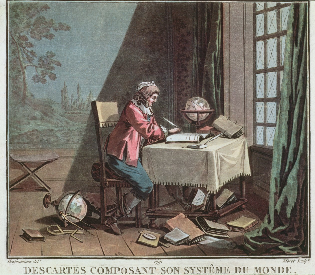 Rene Descartes（1596-1650）写作他的世界体系，由Jean Baptiste Moret（1790-1820）雕刻，1791年 作者 Desfontaines