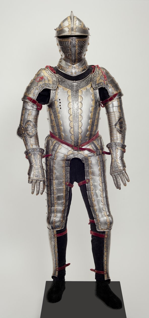 野战盔甲，来自于一件装饰品，可能是为Ludwig Ungnad von Weissenwolf auf Sunegg制作的，约1552年（钢制，有压花、蚀刻、发黑和镀金的装饰，有现代黄铜、天鹅绒、皮革和钢）。 作者 德西迪乌斯·赫尔姆施密德（Desiderius Helmschmid）