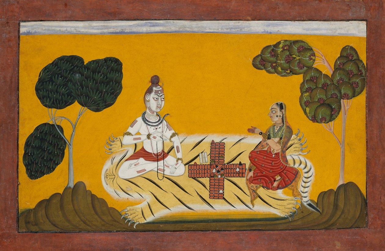 湿婆和帕尔瓦蒂在演奏Chaupar：Rasamanjari系列的对开本，日期为1694-95。 作者 努尔普尔的女神