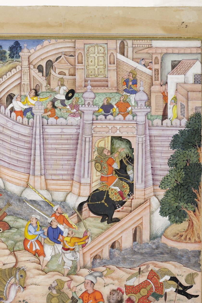 来自巴布尔部队的详细信息占据了喀布尔的堡垒，时间为1590-1600（纸上有不透明的黄金和黄金） 作者 Dhannu和Dharmdas Farrukh