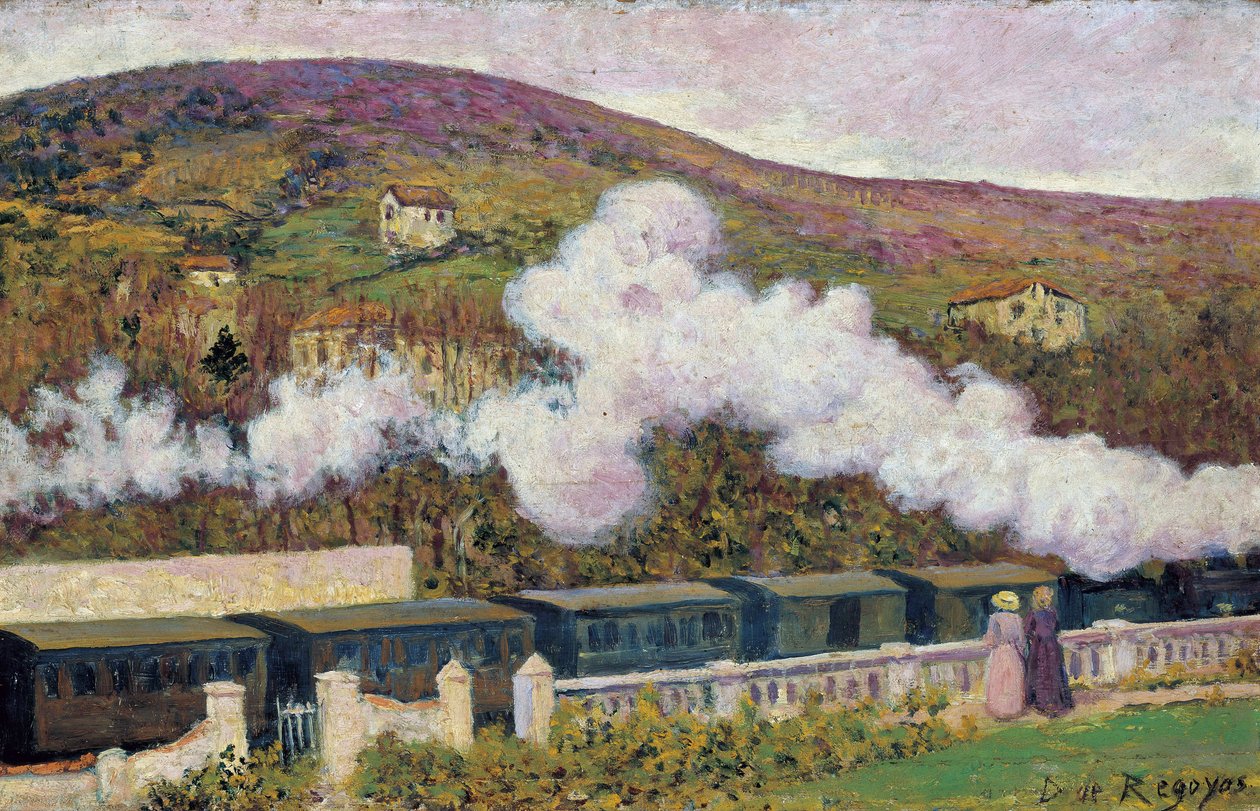 火车驶过》--达里奥-德-雷戈约斯和巴尔德斯（1857-1913 年）--1902 年--木板油画--35x55--马拉加卡门-蒂森博物馆 作者 Diario或Dario de Regoyos y Valdes