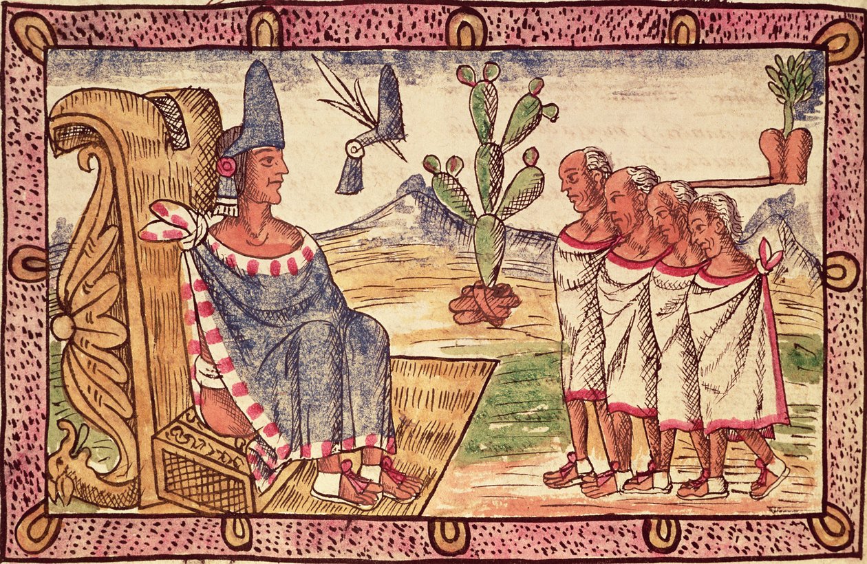 Fol.156v Montezuma II（1466-1520）和他的使节到1579年的西班牙征服者 作者 迭戈·杜兰（Diego Duran）