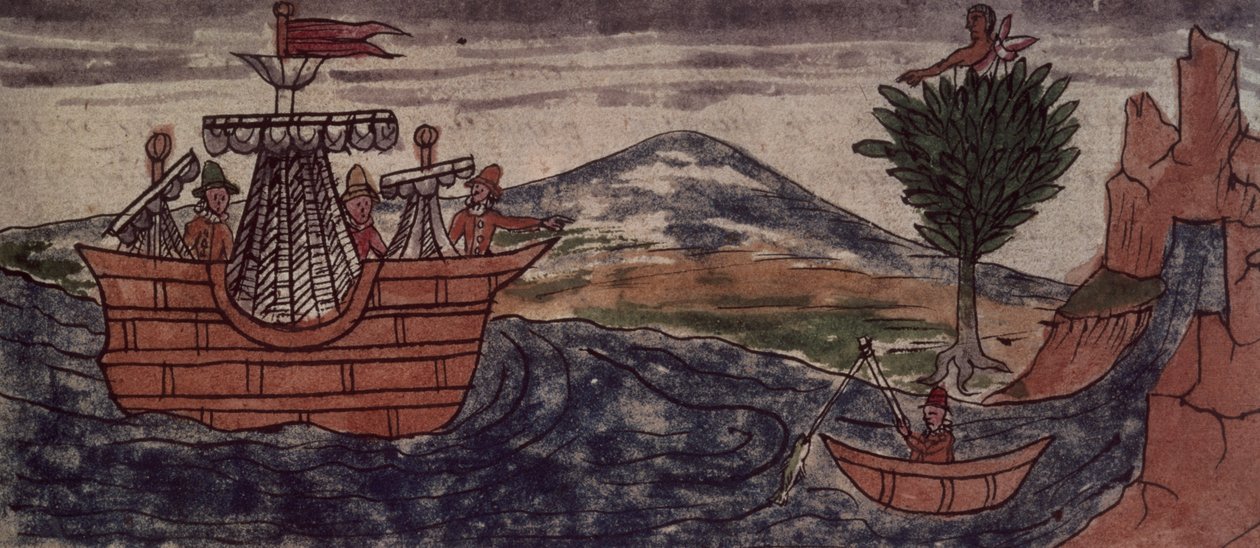 Fol.197v 1579年，印度间谍观察到一艘西班牙船只抵达墨西哥海岸 作者 迭戈·杜兰（Diego Duran）