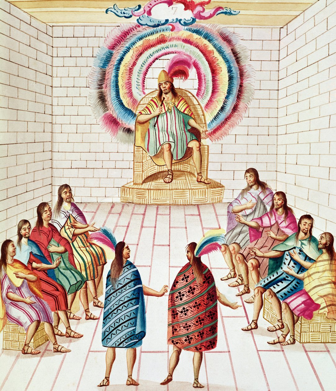 Tome 3 fol.7，Montezuma II及其理事会，来自&39;Teatro de la Nueva Espana&39;，18世纪末期 作者 迭戈·加西亚·潘内斯·阿韦伦