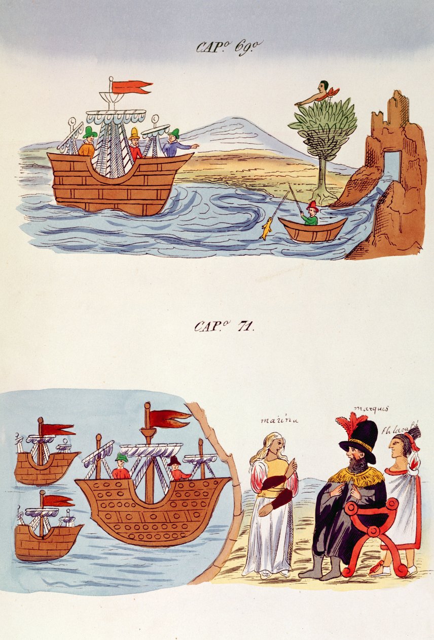 第69章及第71章，来自&39;Historia de las Indias de Nueva Espana y islas de tierra firme&39;的插图，由墨西哥Jules Desportes设计，1867-80 作者 迭戈·杜兰（Diego Duran）