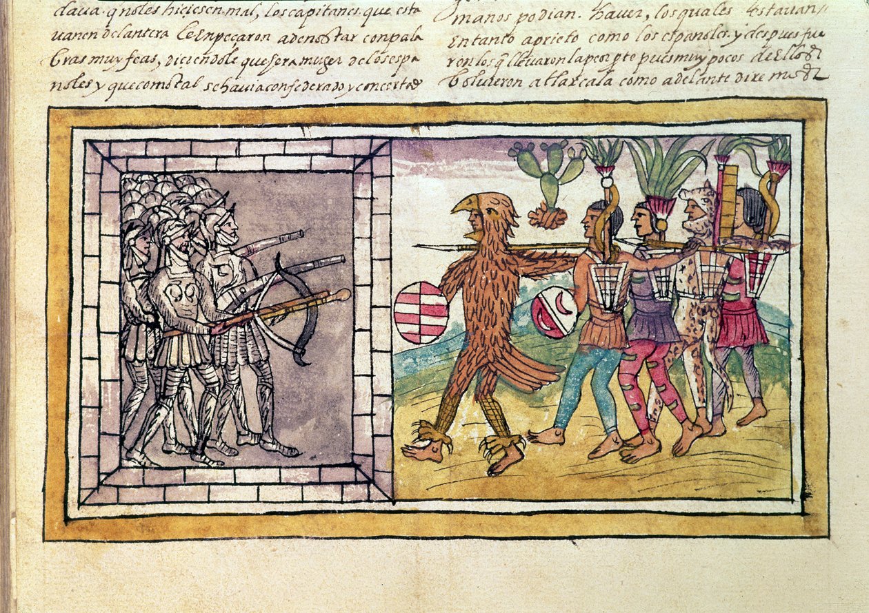 Codex Duran：Pedro de Alvarado（约1485-1541）Hernando Cortes（1485-1547）的同伴被阿兹特克战士包围 作者 迭戈·杜兰（Diego Duran）