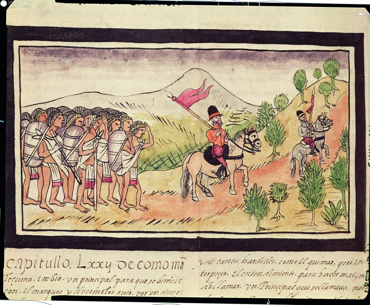 Fol.204v Totonac印第安人帮助征服者运输材料，1579年 作者 迭戈·杜兰（Diego Duran）
