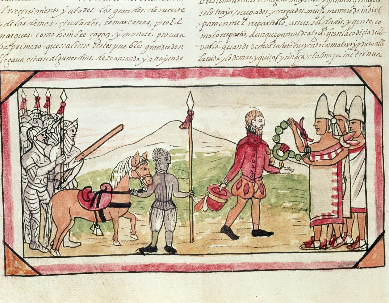 Fol.208v Hernando Cortes（1485-1547）和Montezuma（1466-1520）的会议，来自Diego Duran的“印第安人的历史”的缩影，1579年 作者 迭戈·杜兰（Diego Duran）