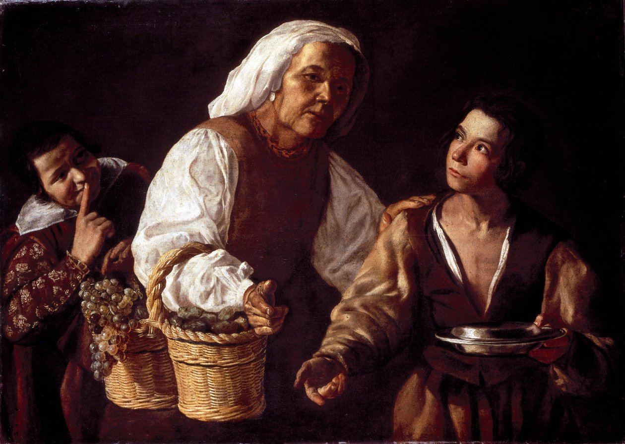 两个男孩和老水果女人或老水果商 (Dos muchachos y vieja con fruta o La vieja fruta)。 绘画由 Diego Rodriguez 由 Silva Velazquez (Velasquez 作者 迭戈·罗德里格斯·德席尔瓦（Vattazquez）