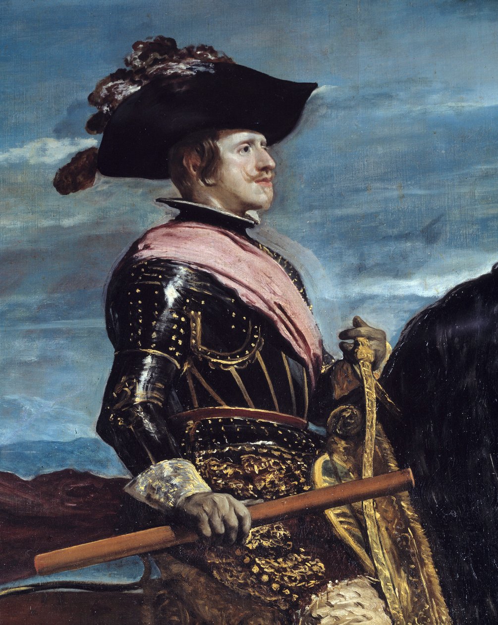 菲利普四世国王（1605-1665）的骑马肖像细节。 Diego Rodriguez de Silva y Velasquez (1599-1660) 的绘画 作者 迭戈委拉斯开兹