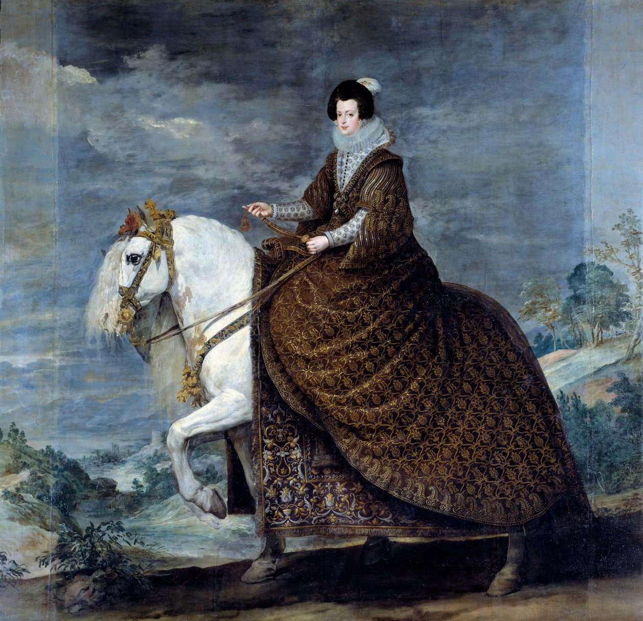 法国伊丽莎白或波旁的伊莎贝尔 (1602-1644) 的马术肖像，1616 年西班牙菲利普四世的妻子迭戈·贝拉斯克斯 (1599-1660) 绘画，1635 年太阳。 3,01x3,14 m 马德里，普拉多博物馆 - 法国伊莎贝尔的马术肖像（1602-1644）， 作者 迭戈委拉斯开兹