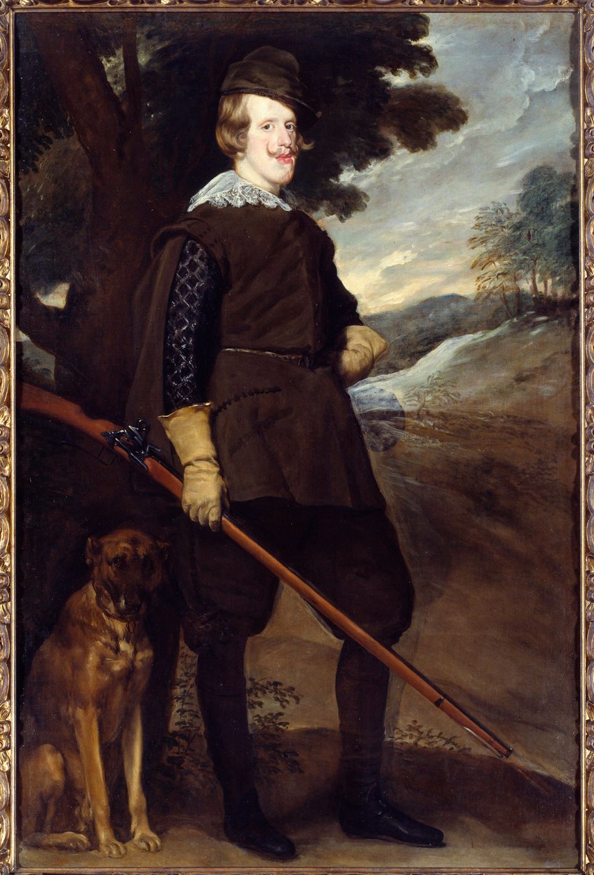 菲利普四世 (1605-1665) 的肖像，西班牙国王 30 岁时穿着狩猎服。 Diego Rodriguez de Silva y Velasquez (1599-1660) 的绘画 作者 迭戈委拉斯开兹