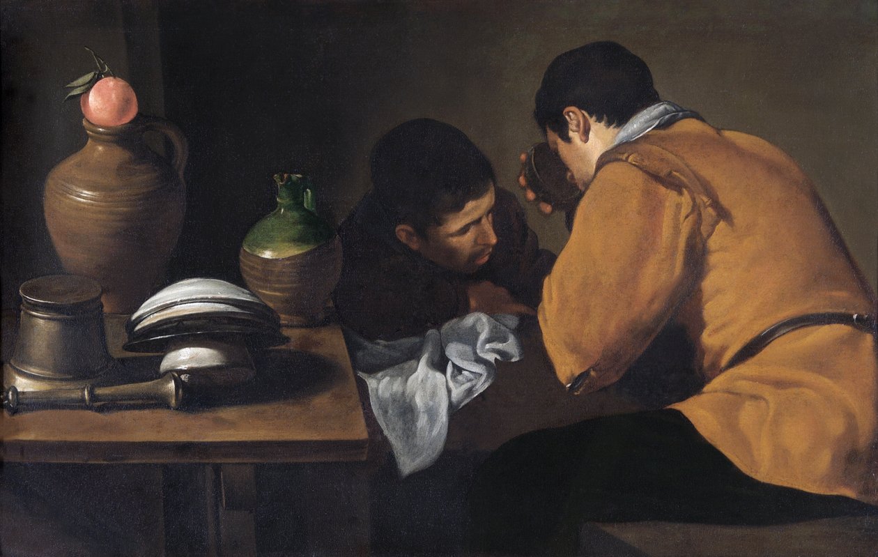 两个年轻人在简陋的餐桌旁用餐，约 1618-20 年（布面油画） 作者 迭戈委拉斯开兹