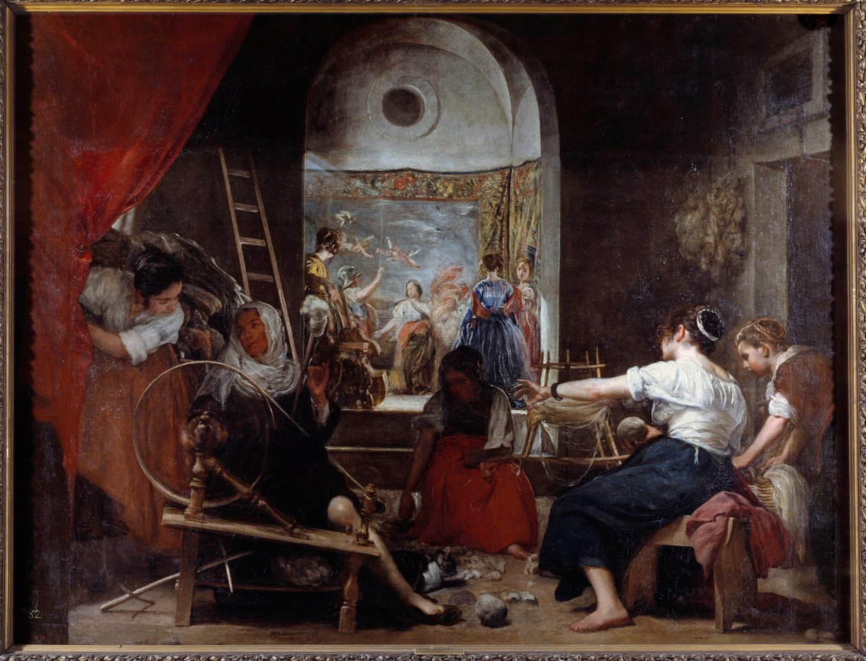 the spinners or the fable of Arachne Painting by Diego Rodriguez de Silva y Velasquez (1599-1660), c. 1653. Sun. 2,2x2,89 m Madrid, Musee du Prado - The spinners or The fable of Arachne. Painting by Diego Rodriguez de Silva y Velazquez (Velasquez 作者 迭戈委拉斯开兹