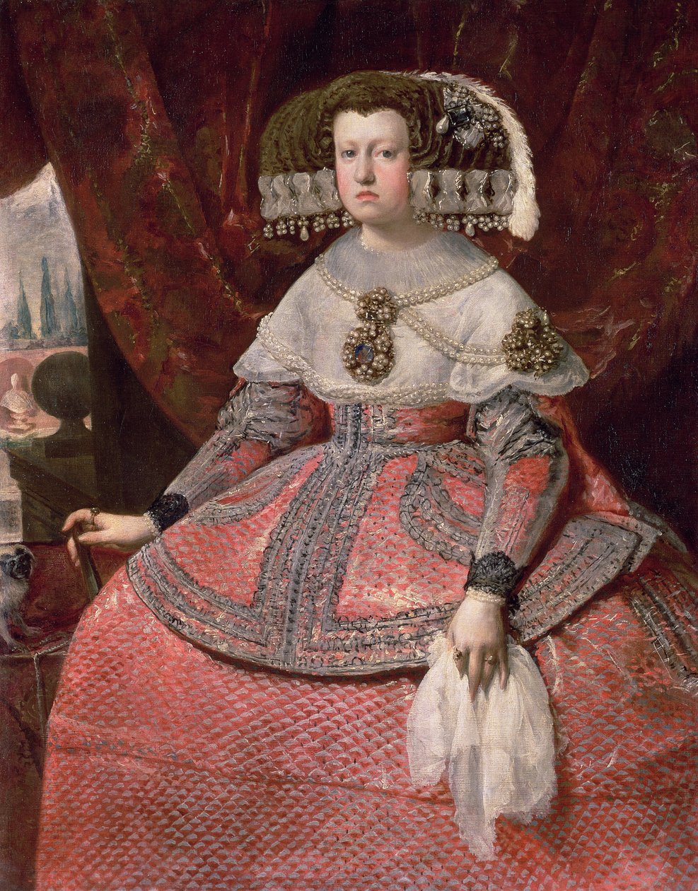 西班牙女王玛丽亚安娜穿着红色衣服，1655-60 作者 迭戈委拉斯开兹
