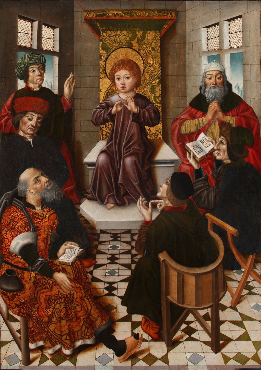 Jesus parmi les docteurs - 医生中的基督 - 克鲁斯，迭戈-德拉（1482-1500 年活跃） - 约 1490 年 - 木板油画 - 102x76 - 马德里拉萨罗-加尔迪亚诺博物馆 作者 迭戈·克鲁兹